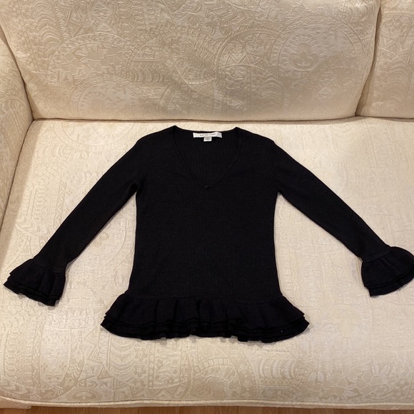 Esther Chen Black Ribbed Top.  Silk, Nylon and Spandex.  Ruffled detail - Picture 11 of 16